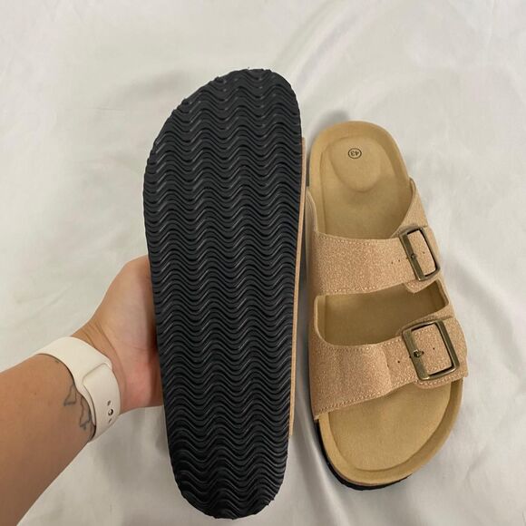 Boho Tan Brown Faux Suede Brassy Gold Buckle Sandals / Slides EU 43 US 12 - Picture 3 of 5